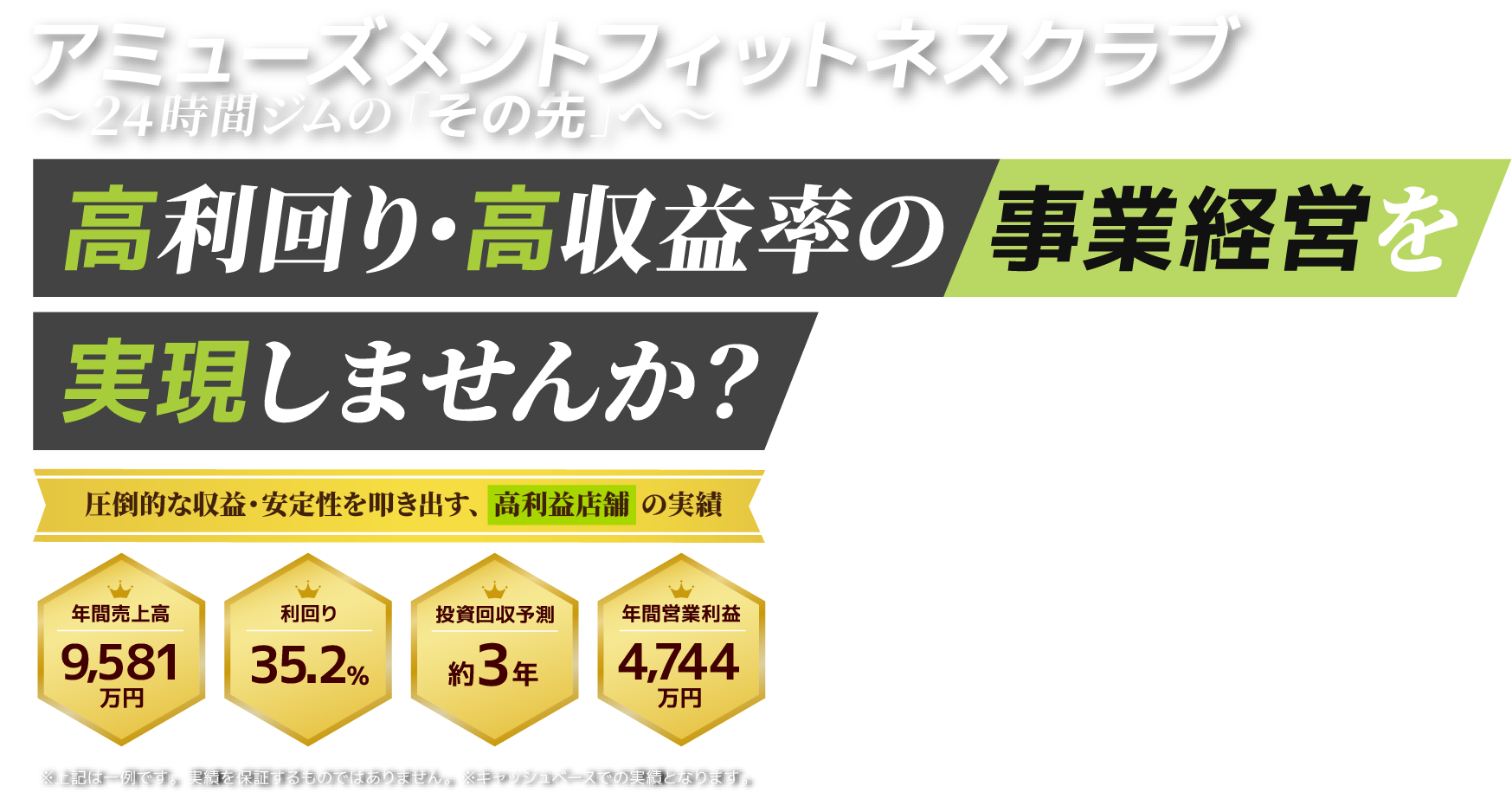 24時間ジムの「その先」へ。高利回り・高収益率の事業経営を実現しませんか？圧倒的な収益・安定性を叩き出す、高利益店舗の実績　年間売上高9,581万円／年間営業利益4,744万円／利回り35.2%／投資回収予測約3年　※上記は一例です。実績を保証するものではありません。※キャッシュベースでの実績となります。